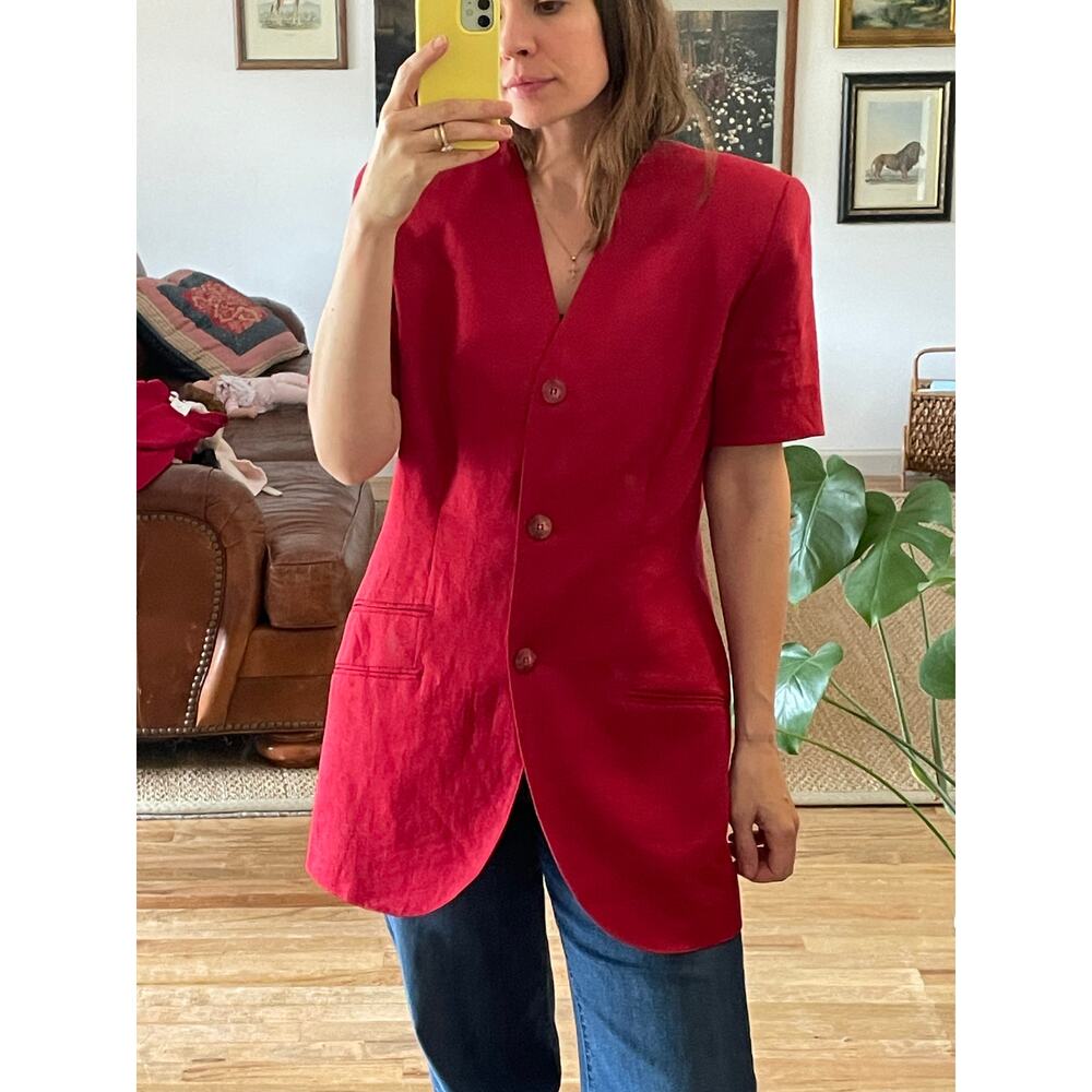 Vintage Linen Short Sleeve Blazer Jacket Red Button Front